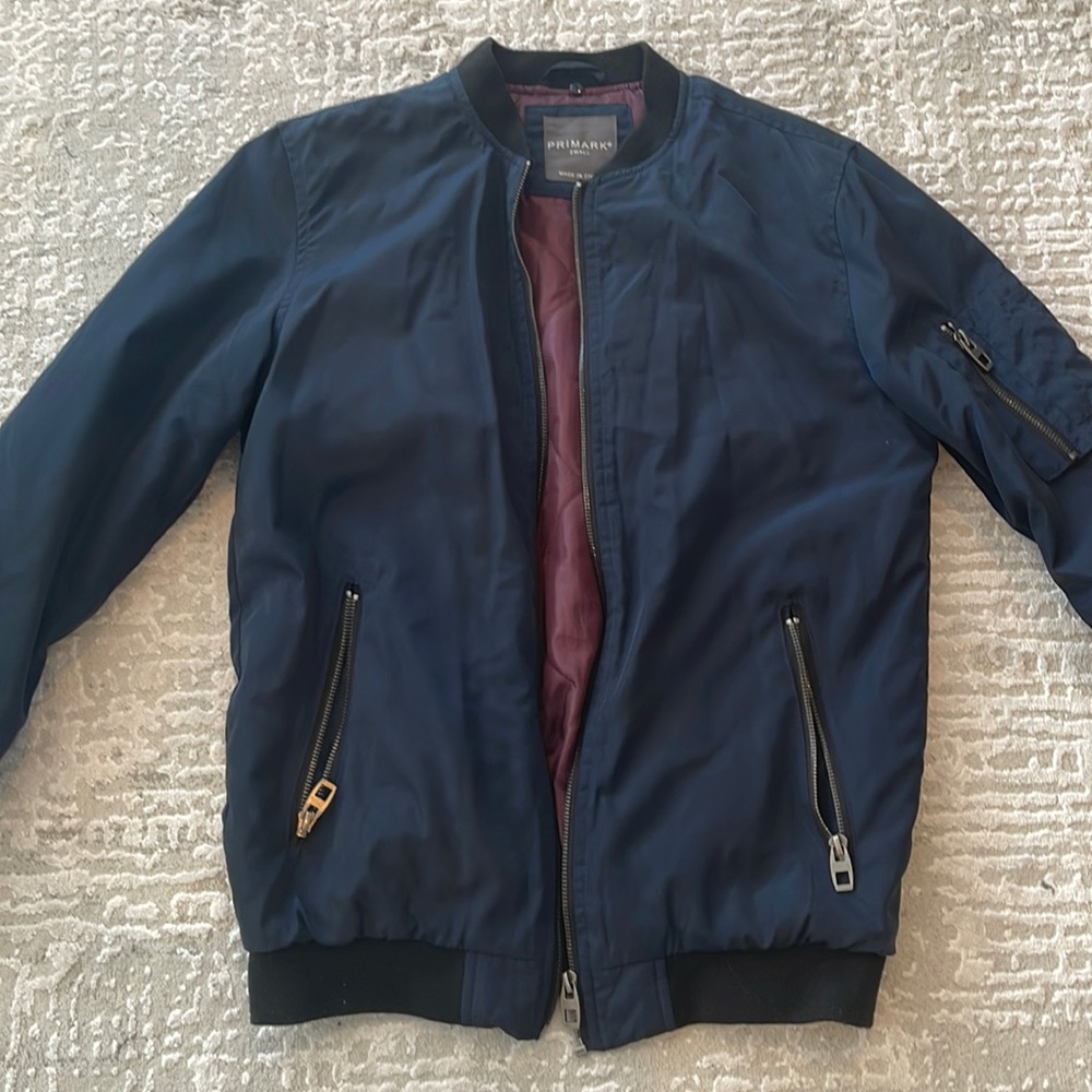 Primark Men's Navy Bomber Jacket with Burgundy Lining